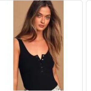 Lulu's Snapshot Black Snap Front Ribbed Sleeveless Bodysuit MEDIUM